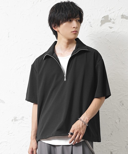 MinoriTY（マイノリティ）の「【MinoriTY】梨地素材きれいめハーフジップビッグTシャツ ポロシャツ メンズ オーバーサイズ ビッグシルエット ルーズフィット 秋服 夏服（ポロシャツ・メンズ・ブラック/ブルーグリーン/ワイン/ホワイト/チャコール/ブラック系/ブルー系/ホワイト系・M/L/S）」の13枚目の写真