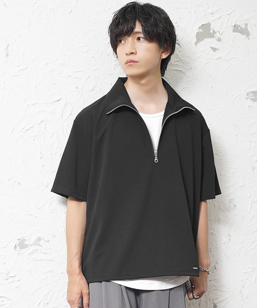 MinoriTY（マイノリティ）の「【MinoriTY】梨地素材きれいめハーフジップビッグTシャツ ポロシャツ メンズ オーバーサイズ ビッグシルエット ルーズフィット 秋服 夏服（ポロシャツ・メンズ・ブラック/ブルーグリーン/ワイン/ホワイト/チャコール/ブラック系/ブルー系/ホワイト系・M/L/S）」の14枚目の写真