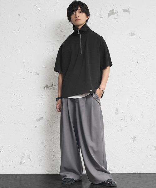 MinoriTY（マイノリティ）の「【MinoriTY】梨地素材きれいめハーフジップビッグTシャツ ポロシャツ メンズ オーバーサイズ ビッグシルエット ルーズフィット 秋服 夏服（ポロシャツ・メンズ・ブラック/ブルーグリーン/ワイン/ホワイト/チャコール/ブラック系/ブルー系/ホワイト系・M/L/S）」の15枚目の写真