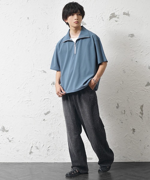 MinoriTY（マイノリティ）の「【MinoriTY】梨地素材きれいめハーフジップビッグTシャツ ポロシャツ メンズ オーバーサイズ ビッグシルエット ルーズフィット 秋服 夏服（ポロシャツ・メンズ・ブラック/ブルーグリーン/ワイン/ホワイト/チャコール/ブラック系/ブルー系/ホワイト系・M/L/S）」の18枚目の写真