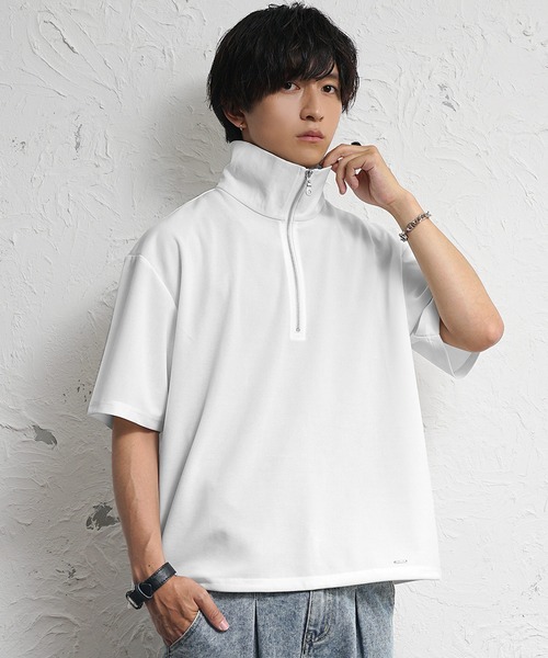 セール】【MinoriTY】梨地素材きれいめハーフジップビッグTシャツ
