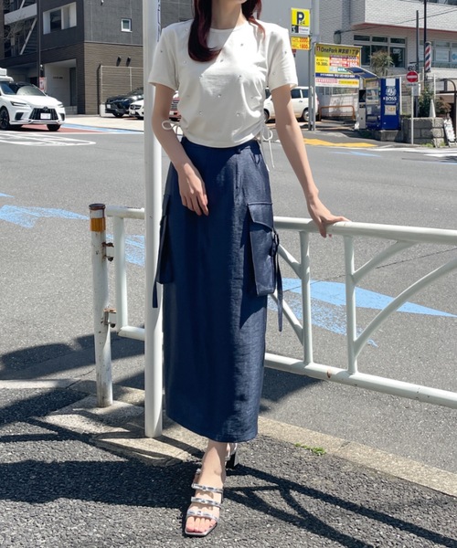 NOMAE(ノーマエ)の「サテンカーゴナロースカート(スカート・レディース・アイボリー/ブルー/ダークブルー・FREE)」の17枚目の写真