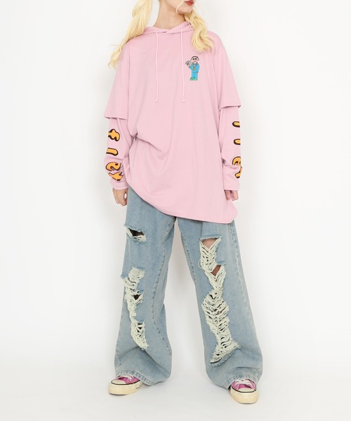 PUNYUS（プニュズ）の「ダメージデニムワイドパンツ（デニムパンツ・レディース・ライトインディゴブルー/ブラック・3/2/1/4）」の10枚目の写真