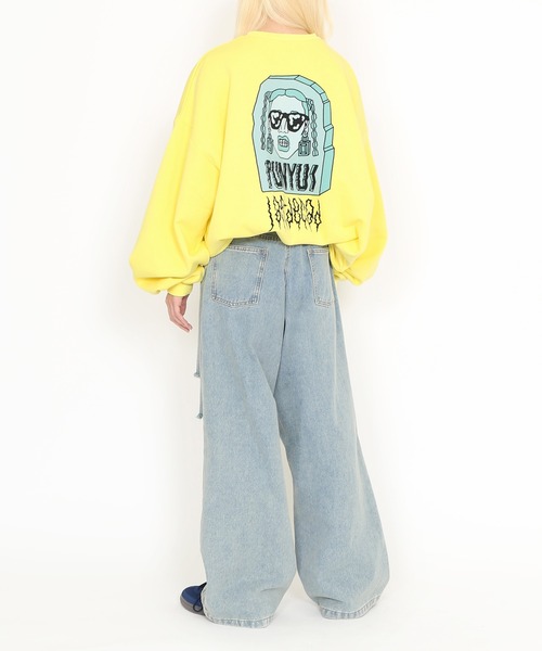 PUNYUS（プニュズ）の「ダメージデニムワイドパンツ（デニムパンツ・レディース・ライトインディゴブルー/ブラック・3/2/1/4）」の5枚目の写真