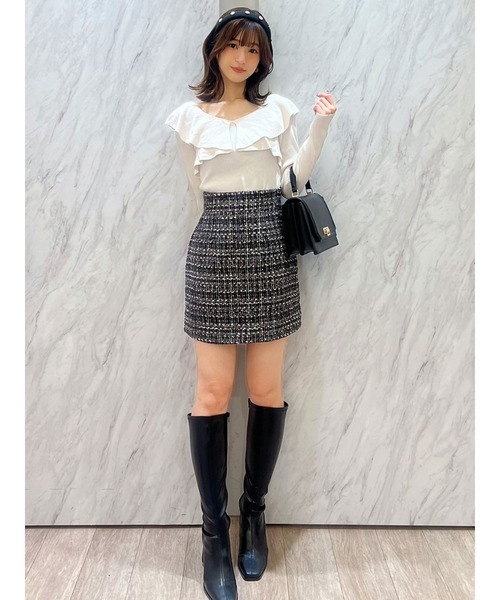 MERCURYDUO（マーキュリーデュオ）の「2WAYフォールドラッフルロングスリーブニット（ニット/セーター・レディース・ベビーピンク/ブラウン/オフホワイト/ブラック/ライトブルー/レッド・FREE）」の8枚目の写真