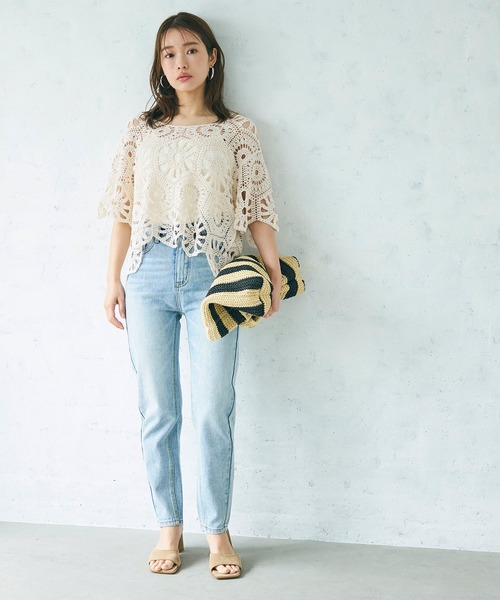 coca（coca）（コカ）の「かぎ編みフリルヘムトップス（Tシャツ/カットソー・レディース・ブラック/アイボリー・ONE SIZE）」の6枚目の写真