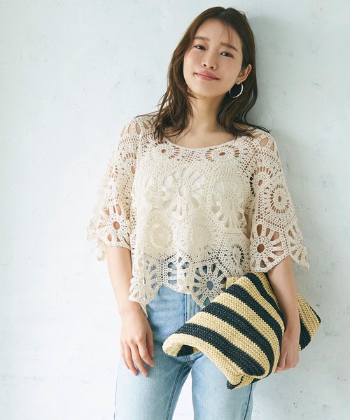 coca（coca）（コカ）の「かぎ編みフリルヘムトップス（Tシャツ/カットソー・レディース・ブラック/アイボリー・ONE SIZE）」の3枚目の写真