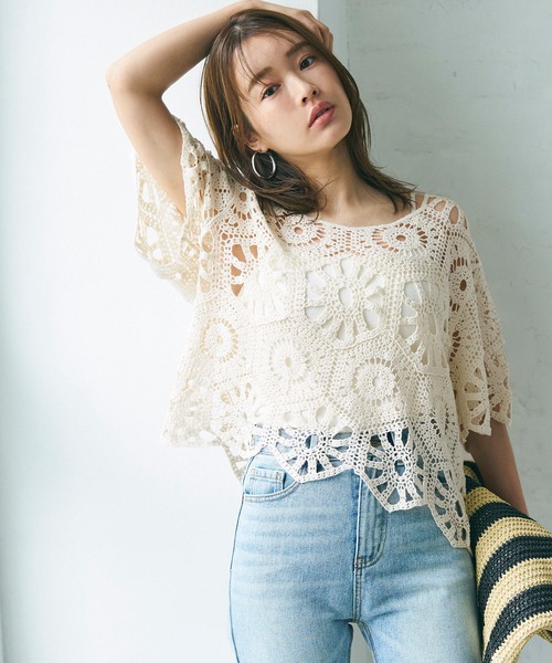 coca（coca）（コカ）の「かぎ編みフリルヘムトップス（Tシャツ/カットソー・レディース・ブラック/アイボリー・ONE SIZE）」の7枚目の写真