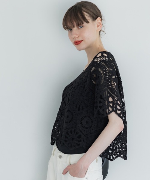 coca（coca）（コカ）の「かぎ編みフリルヘムトップス（Tシャツ/カットソー・レディース・ブラック/アイボリー・ONE SIZE）」の11枚目の写真