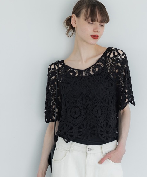 coca（coca）（コカ）の「かぎ編みフリルヘムトップス（Tシャツ/カットソー・レディース・ブラック/アイボリー・ONE SIZE）」の9枚目の写真