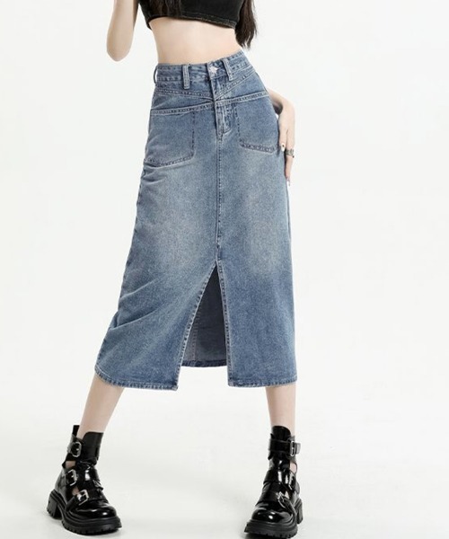 Miniministore（ミニミニストア）の「デニムスカート ロング フロントスリット（デニムスカート・レディース・サックスブルー・S/L/M/XL）」の2枚目の写真