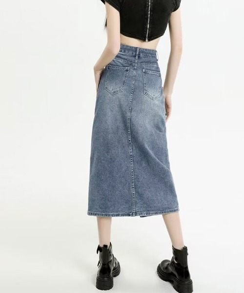 Miniministore（ミニミニストア）の「デニムスカート ロング フロントスリット（デニムスカート・レディース・サックスブルー・S/L/M/XL）」の3枚目の写真