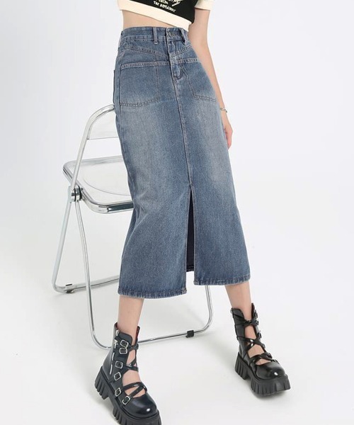 Miniministore（ミニミニストア）の「デニムスカート ロング フロントスリット（デニムスカート・レディース・サックスブルー・S/L/M/XL）」の4枚目の写真