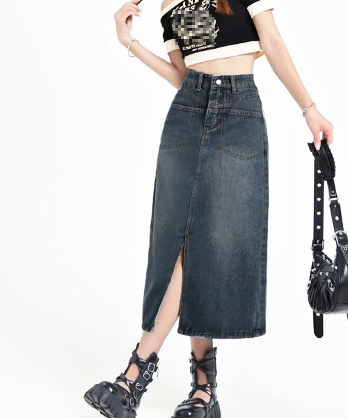 Miniministore（ミニミニストア）の「デニムスカート ロング フロントスリット（デニムスカート・レディース・サックスブルー・S/L/M/XL）」の6枚目の写真