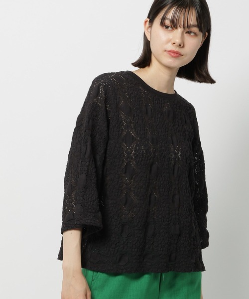 niko and...（ニコアンド）の「レースジャガードシャーリングTシャツ（Tシャツ/カットソー・レディース・ブラック/オフホワイト・TALL/SHORT）」の2枚目の写真