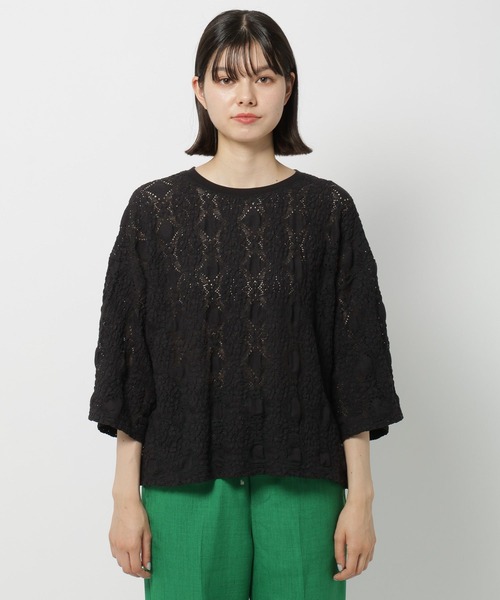 niko and...（ニコアンド）の「レースジャガードシャーリングTシャツ（Tシャツ/カットソー・レディース・ブラック/オフホワイト・TALL/SHORT）」の7枚目の写真