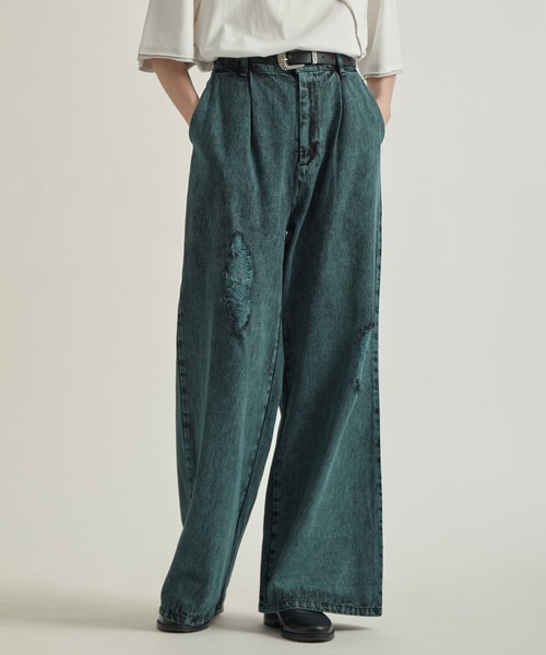 SELLE GLANT(セレグランテ)の「DAMAGE DENIM WIDE PANTS/ダメージデニムワイドパンツ(デニムパンツ・メンズ・サックスブルー/ブラック/ブルーグリーン・SMALL/MEDIUM/LARGE)」の3枚目の写真