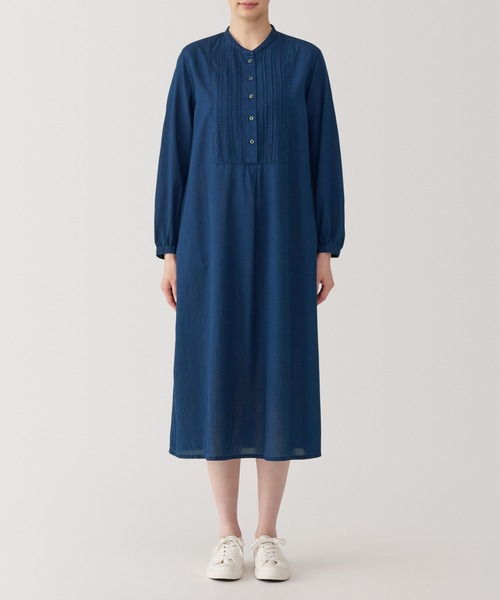 セール】婦人 綿ボイル インディゴ染め長袖ワンピース（ワンピース