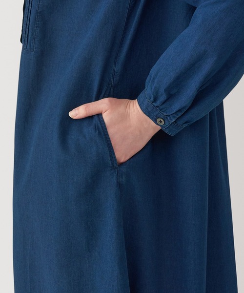 セール】婦人 綿ボイル インディゴ染め長袖ワンピース（ワンピース