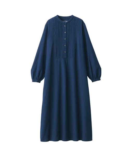セール】婦人 綿ボイル インディゴ染め長袖ワンピース（ワンピース