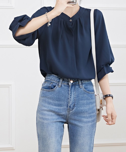 Lace Ladies(レースレディース)の「キャンディ袖 7分袖 フレア タック ブラウス(シャツ/ブラウス・レディース・ネイビー/ミント/ブラック/オフホワイト・S/FREE)」の4枚目の写真