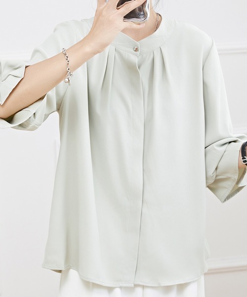 Lace Ladies(レースレディース)の「キャンディ袖 7分袖 フレア タック ブラウス(シャツ/ブラウス・レディース・ネイビー/ミント/ブラック/オフホワイト・S/FREE)」の3枚目の写真