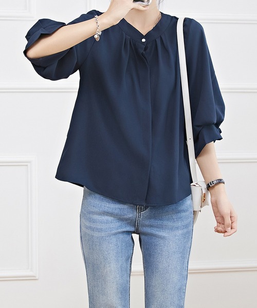 Lace Ladies(レースレディース)の「キャンディ袖 7分袖 フレア タック ブラウス(シャツ/ブラウス・レディース・ネイビー/ミント/ブラック/オフホワイト・S/FREE)」の15枚目の写真