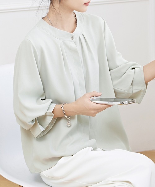 Lace Ladies(レースレディース)の「キャンディ袖 7分袖 フレア タック ブラウス(シャツ/ブラウス・レディース・ネイビー/ミント/ブラック/オフホワイト・S/FREE)」の13枚目の写真