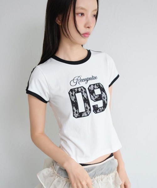 tシャツ 「ampm」レース切替ナンバリングユニホームトップス レディース FCMM（エフシーエムエム）の「LACE NUMBERING CROP TEE/レース