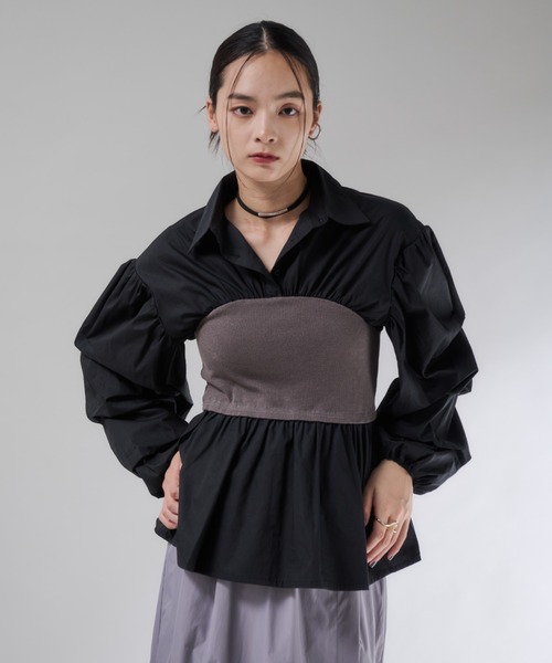 Shelly island(シェリーアイランド)の「ビスチェドッキングボリュームスリーブシャツ(シャツ/ブラウス・レディース・ホワイト/ブラック・FREE)」の8枚目の写真