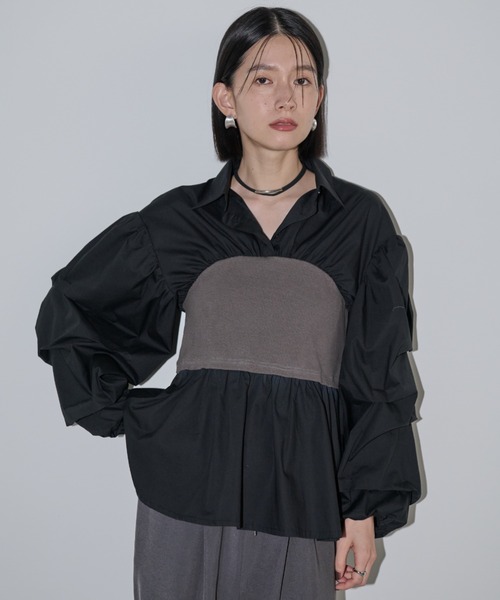 Shelly island(シェリーアイランド)の「ビスチェドッキングボリュームスリーブシャツ(シャツ/ブラウス・レディース・ホワイト/ブラック・FREE)」の18枚目の写真