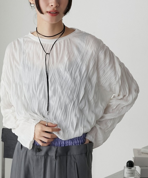 forksy.（フォルクシー）の「【forksy.】ワッシャー加工サイドスリットシアーロンT（Tシャツ/カットソー・レディース・ブラック/オフホワイト/ブルー・FREE）」の2枚目の写真