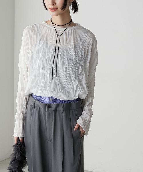 forksy.（フォルクシー）の「【forksy.】ワッシャー加工サイドスリットシアーロンT（Tシャツ/カットソー・レディース・ブラック/オフホワイト/ブルー・FREE）」の7枚目の写真