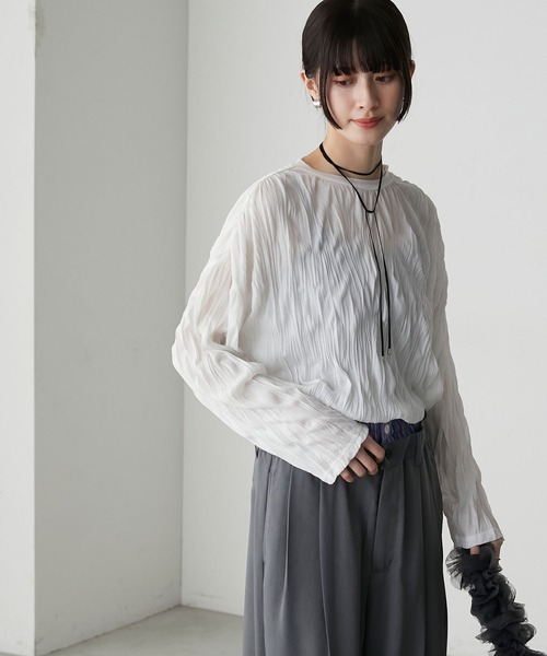 forksy.（フォルクシー）の「【forksy.】ワッシャー加工サイドスリットシアーロンT（Tシャツ/カットソー・レディース・ブラック/オフホワイト/ブルー・FREE）」の8枚目の写真