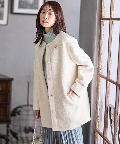 aiko　　ノーカラーコクーンコート　ベージュ　42 セール】 ノーカラーコクーンウールコート （その他アウター