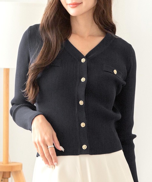 ネイビー ニットカーディガン ゴールドボタン ネイビー ニットカーディガン ゴールドボタン 配色金ボタンニット