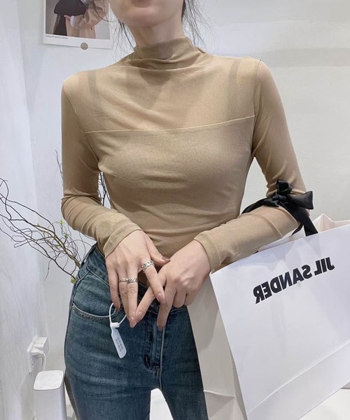 attiree(アティレー)の「シアー切替ボトルネックトップス(Tシャツ/カットソー・レディース・グレー/ブラウン/ネイビー/ベージュ/ダークブラウン/ブラック/アイボリー・MEDIUM)」の7枚目の写真