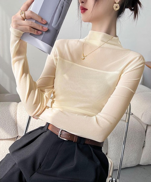 attiree(アティレー)の「シアー切替ボトルネックトップス(Tシャツ/カットソー・レディース・グレー/ブラウン/ネイビー/ベージュ/ダークブラウン/ブラック/アイボリー・MEDIUM)」の2枚目の写真