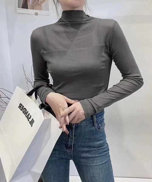attiree(アティレー)の「シアー切替ボトルネックトップス(Tシャツ/カットソー・レディース・グレー/ブラウン/ネイビー/ベージュ/ダークブラウン/ブラック/アイボリー・MEDIUM)」の14枚目の写真