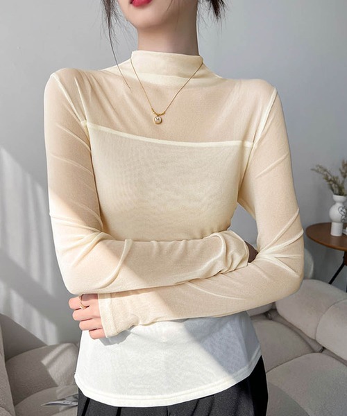 attiree(アティレー)の「シアー切替ボトルネックトップス(Tシャツ/カットソー・レディース・グレー/ブラウン/ネイビー/ベージュ/ダークブラウン/ブラック/アイボリー・MEDIUM)」の8枚目の写真