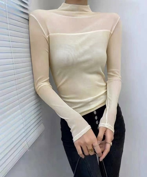 attiree(アティレー)の「シアー切替ボトルネックトップス(Tシャツ/カットソー・レディース・グレー/ブラウン/ネイビー/ベージュ/ダークブラウン/ブラック/アイボリー・MEDIUM)」の9枚目の写真