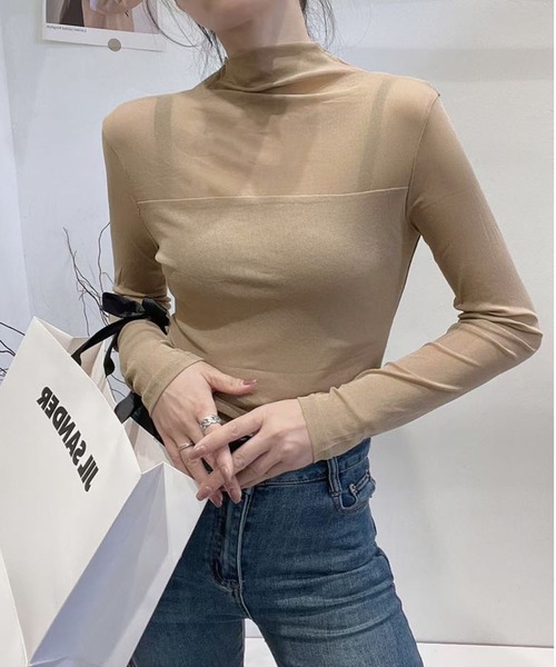 attiree(アティレー)の「シアー切替ボトルネックトップス(Tシャツ/カットソー・レディース・グレー/ブラウン/ネイビー/ベージュ/ダークブラウン/ブラック/アイボリー・MEDIUM)」の18枚目の写真