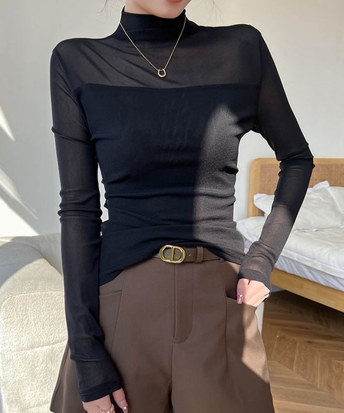 attiree(アティレー)の「シアー切替ボトルネックトップス(Tシャツ/カットソー・レディース・グレー/ブラウン/ネイビー/ベージュ/ダークブラウン/ブラック/アイボリー・MEDIUM)」の12枚目の写真