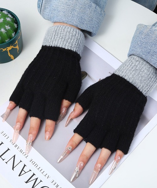レディース 裏起毛バイカラーオープンフィンガー手袋（手袋）｜DAY