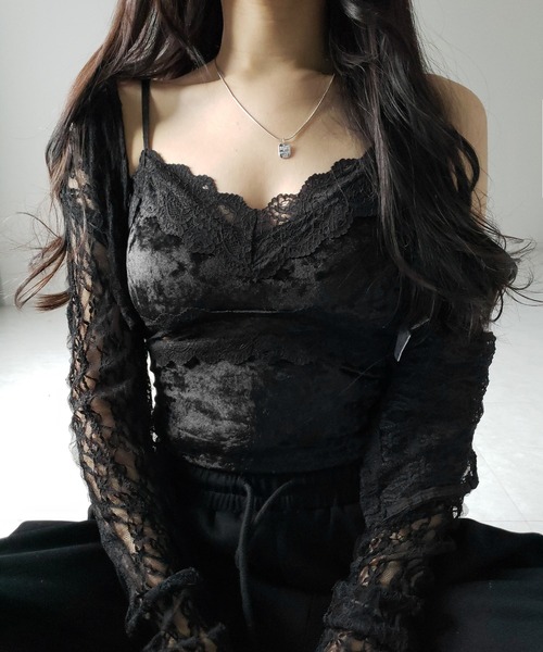 me+em select（ミームセレクト）の「【 カップ付き 】ダブルレースベロアショートビスチェキャミソール ／ double lace  velor short bustier camisole（キャミソール・レディース・ブラック/アイボリー・FREE）」の12枚目の写真