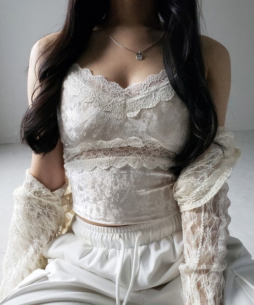 me+em select（ミームセレクト）の「【 カップ付き 】ダブルレースベロアショートビスチェキャミソール ／ double lace  velor short bustier camisole（キャミソール・レディース・ブラック/アイボリー・FREE）」の22枚目の写真