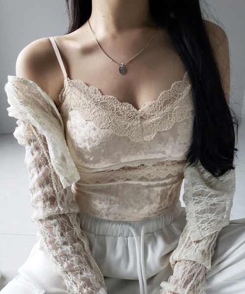 カップ付き 】ダブルレースベロアショートビスチェキャミソール
