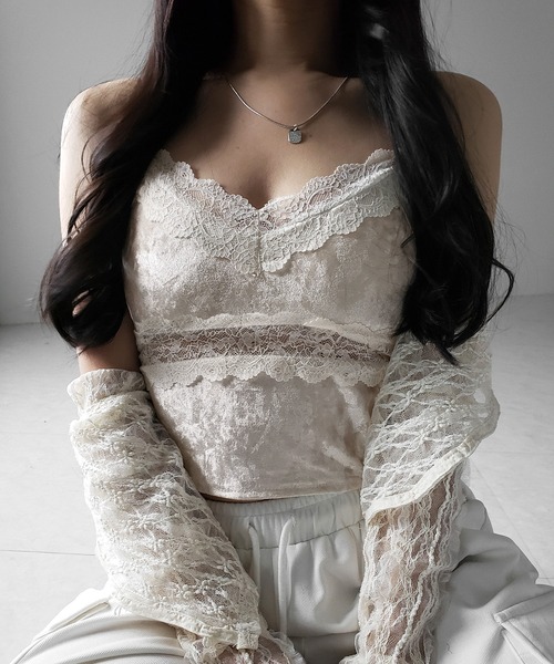 me+em select（ミームセレクト）の「【 カップ付き 】ダブルレースベロアショートビスチェキャミソール ／ double lace  velor short bustier camisole（キャミソール・レディース・ブラック/アイボリー・FREE）」の20枚目の写真