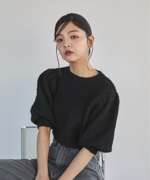 feepur（フェピュール）の「【ハンドウォッシャブル】ウール混起毛パフスリーブクロップドニット（ニット/セーター・レディース・杢グレー/アイボリー/ブラック・MEDIUM）」の19枚目の写真