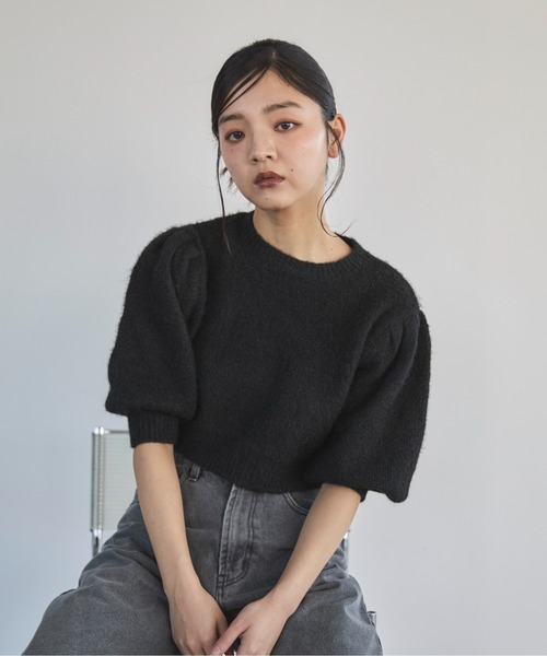 feepur（フェピュール）の「【ハンドウォッシャブル】ウール混起毛パフスリーブクロップドニット（ニット/セーター・レディース・杢グレー/アイボリー/ブラック・MEDIUM）」の10枚目の写真